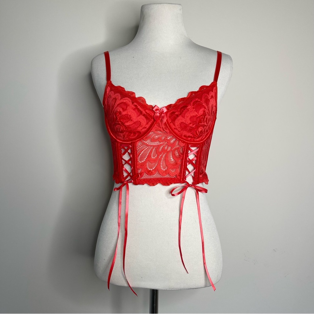 AvidLove Red Lace Ribbon Corset Bra Bralette Bustier Lingerie Top Gothic Fairy